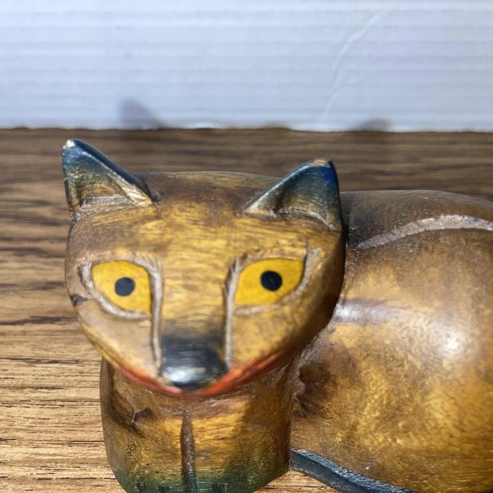 Vintage Hand Carved Wood Cat Shelf Sitter -‎ 1980s Siamese Folk Art